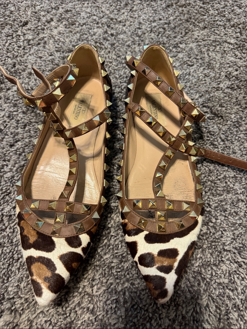 Valentino Garavani Brown Leopard-Print Rockstud Pointed Flats
